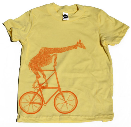 Kids BICYCLE T SHIRT - Giraffe on a Two High Bike - American Apparel Unisex Lemon Yellow Short Sleev