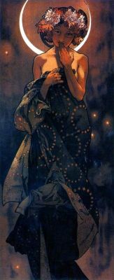 afreshlyfuckedme: elpasha711:  Alphonse Mucha (Czech, 1860 - 1939). The Moon and the Stars: Study for “The Moon”, 1902. Ink and watercolor on paper, 56 x 21 cm.  Oooh Luna. 