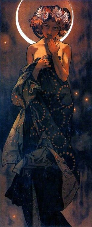 afreshlyfuckedme: elpasha711:  Alphonse Mucha (Czech, 1860 - 1939). The Moon and the Stars: Study for “The Moon”, 1902. Ink and watercolor on paper, 56 x 21 cm.  Oooh Luna. 