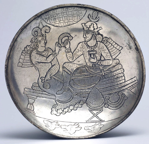 Sassanid plate depicting a King and Queen seated on throne, possibly at a wedding, 6th century Iran