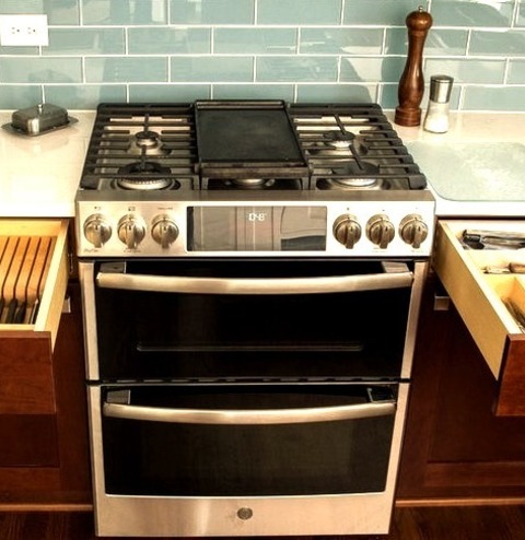 Midcentury Kitchen ChicagoInspiration For A Medium-sized 1960s U-shaped Medium-tone Wood Floor And Red