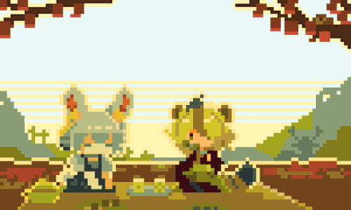 Pixel art animation of two characters sharing an autumn picnic under falling leaves.