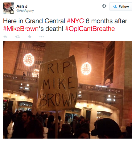 revolutionarykoolaid:Today in Solidarity (2/9/15): Protesters in New York City demonstrated for Mike Brown on the 6-month anniversary of his death at the hands of former Ferguson police officer Darren Wilson. Rest in power, Mike. #staywoke #farfromover