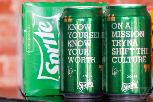 madvilliangt:  babeobaggins:  theverge:  Sprite is introducing a new line of limited-edition cans and bottles featuring selected inspirational hip-hop lyrics, a collection they’re calling “Obey Your Verse.“ The first set of 16 features five selections
