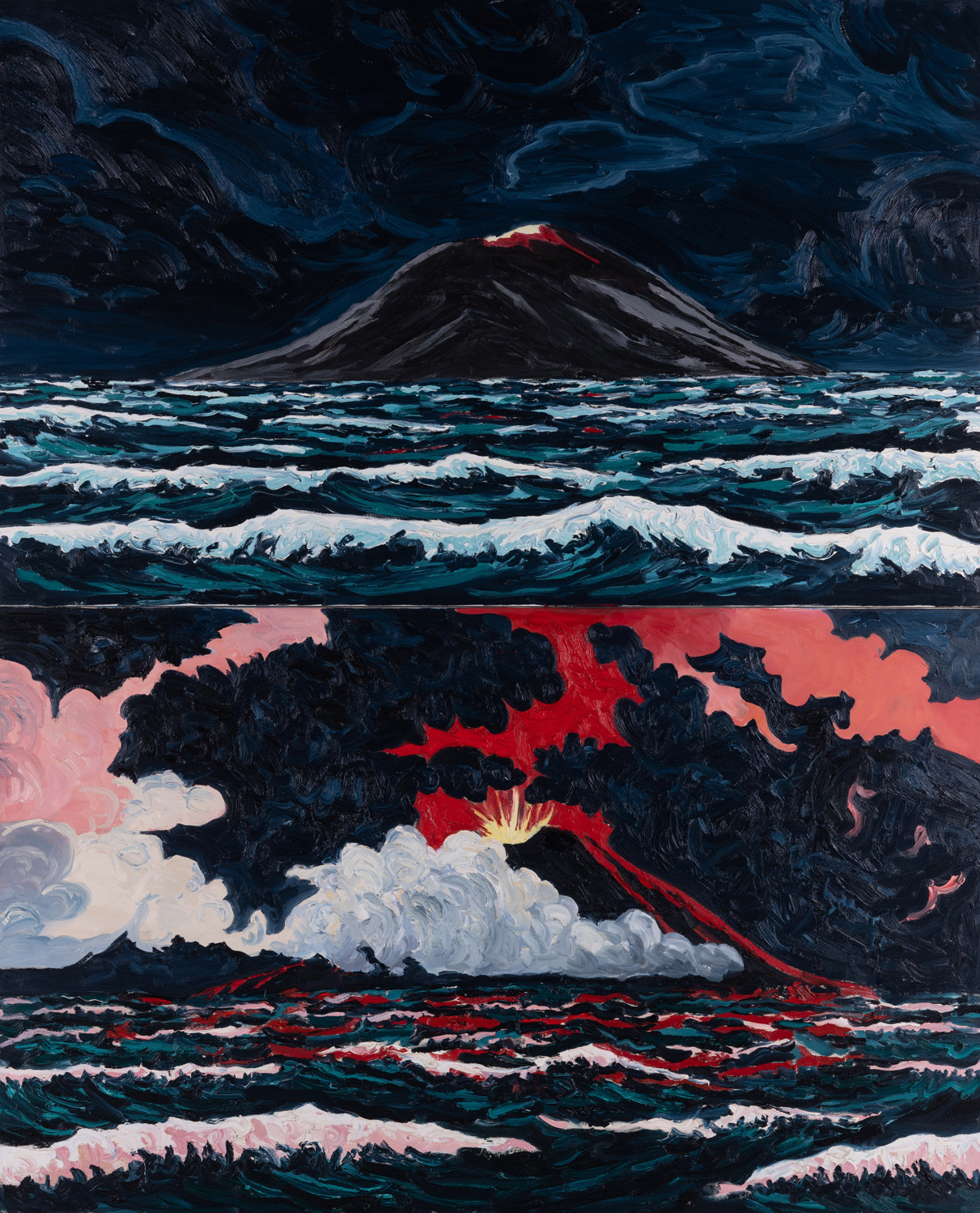 Richard Bosman (American, b. 1944), Volcano, 1989. Oil on two canvases, 244 x 198 cm