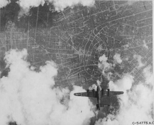 lex-for-lexington:B-17G Flying Fortress ‘Miss Donna Mae II’ hit by a 1000 lb bomb from a bomber abov