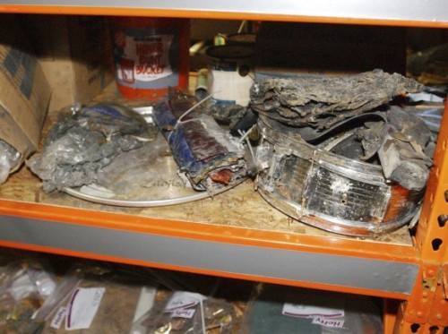 Great White drummer&rsquo;s snare drum, a cymbal and assorted debris collected from the scene of