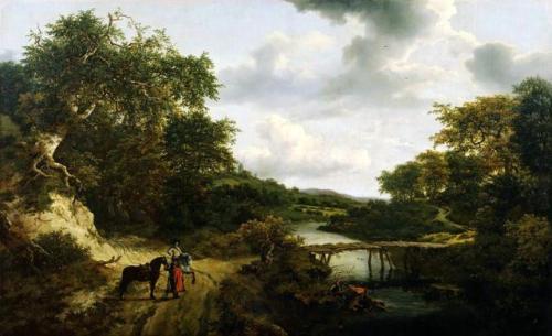Landscape with Footbridge, Fisherman, and Horsemen, Jacob van Ruisdael, 1652