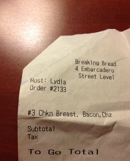 dailybreakingbad:  I had lunch today at a sandwich shop called “Breaking Bread” in San Francisco…check out the name of my server on the receipt.http://dailybreakingbad.tumblr.com/