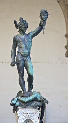 f-l-e-u-r-d-e-l-y-s:  Perseus with the Head of Medusa: Benvenuto Cellini -1554  Sculpture 3.20 m  on a square base with bronze relief panels is located in the Loggia dei Lanzi of the Piazza della Signoria in Florence, Italy. The subject matter of the