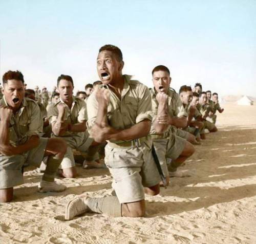 witch-of-habonim-dror: Māori Members of the armed forces performing the Haka in the Western Desert, 