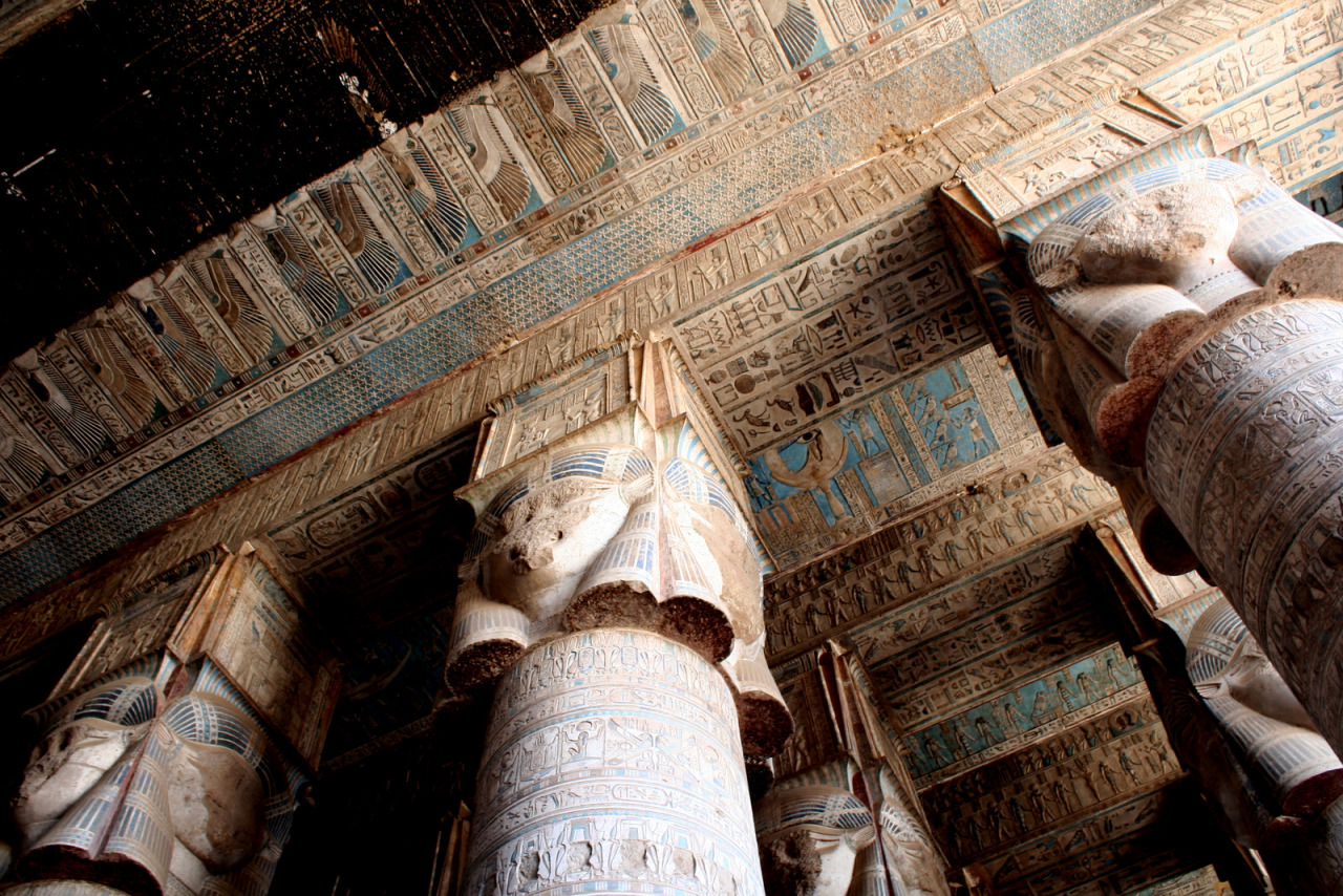 ancientart:  Raised and painted relief from the ceiling of the Hathor Temple at Dendera. Egypt,