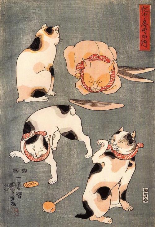 Utagawa Kuniyoshi - Four cats in different poses illustrating Japanese proverbs (19th century)