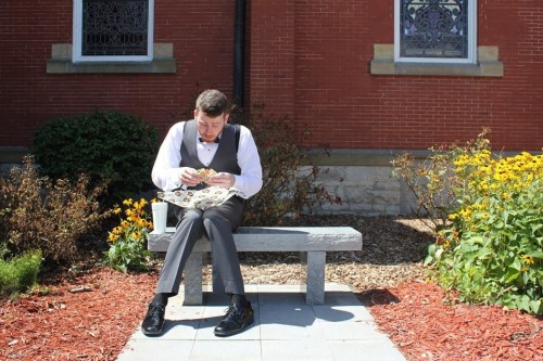 One of my best friends on his wedding day, grabbing a quick bite to way before the ceremony.