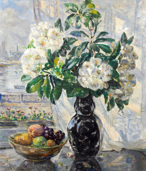 pintoras:Beatrice Bland (British, 1864 - 1951): Rhododendrons and bowl of fruit in the studio window