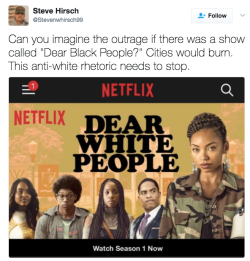 the-movemnt: Anti-‘Dear White People’ Twitter outrage accidentally proves show’s point about white people follow @the-movemnt  “What if there was a channel devoted to just white ppl shows?!” What, like TV? lmao, these lot are a fucking joke,