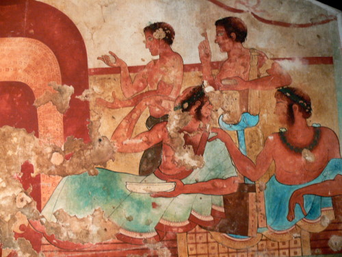 ancientart:Ancient Etruscan tomb fresco showing a symposium scene.Courtesy & currently located a
