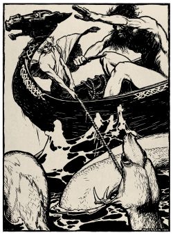 Hymir rushed forward and cut through the line. Arthur Rackham, from The land of enchantment, by A. E. Bonser, T. S. Woolf, and E. S. Buchheim, London, 1907.  