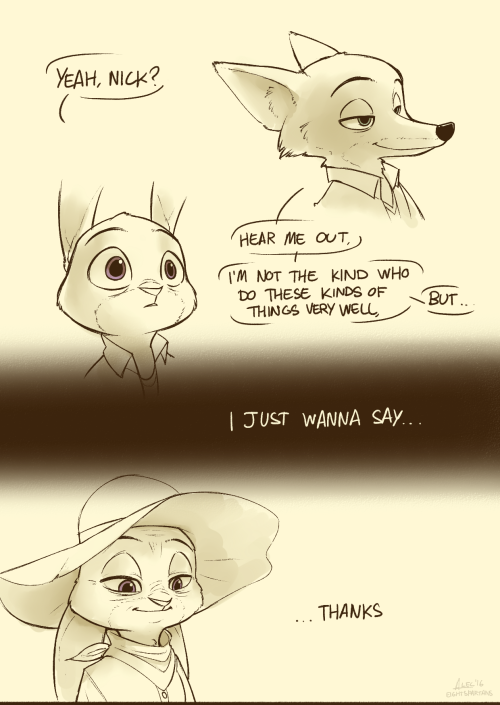 someponys-scribbles:  eightspartans:  “Say… Judy?” This took me awhile, I literally cried once while drawing this. After 30 years in the force, Nick goes into retirement, having his last cafe hang out with Judy as a cop before passing out of the