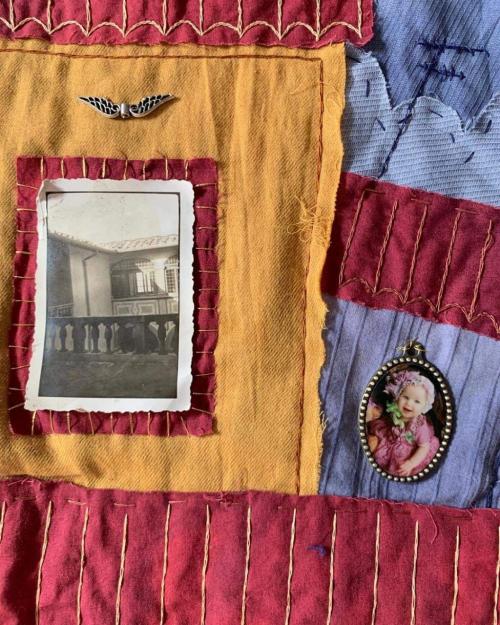 maldecorum:florence tapestry using old clothes, various trinkets, and vintage italian photos i found