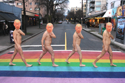 Putin’s anti-gay Olympic stance has provoked protests all over the world. Here, Vancouver artist ‘Dumpling Man’ recreates Abby Road at Davie St.’s famed rainbow crosswalk. Photo provided to The Tyee.