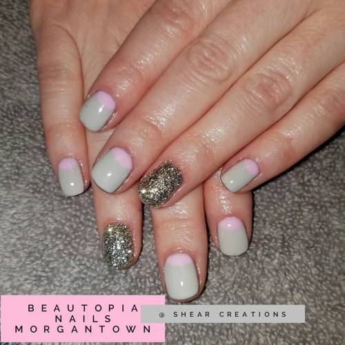 Pink and grey half-moon with white gold glitter #nails #nailart #nailstagram #nailartofinstagram #cn