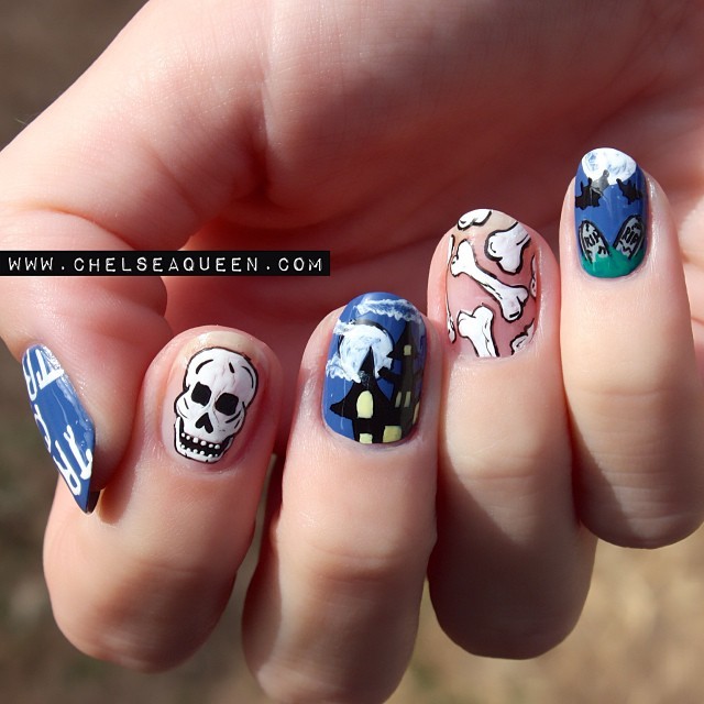 Spooky nails! 💀 this blue is @gingerandliz Jeggings 👖 Can’t wait for Halloween! 🎃