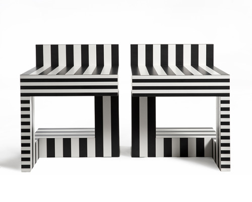 Kelly Behun, Chair, Bench &amp; Side Pair from Neo Laminati Collection, 2014. Memphis inspired. Via 