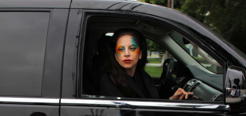 ladyxgaga:  Gaga arriving at AMP Radio in Los Angeles earlier today. 