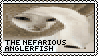 a stamp with a picture of a white cat with it's tail draped over it's face, and text flashing in and out reading 'The Nefarious Anglerfish'