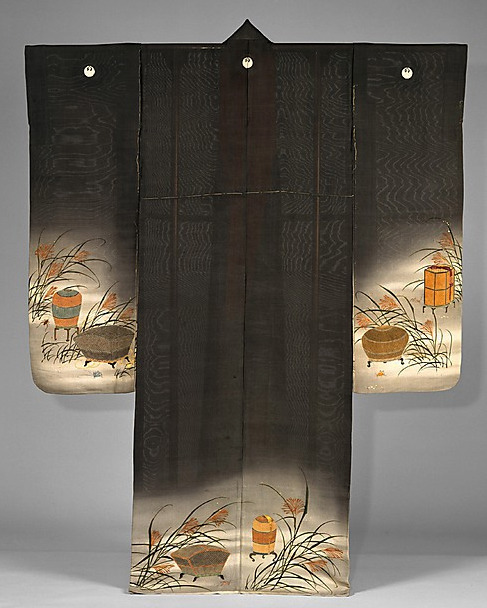Silk summer kimono featuring crickets, grasshoppers, cricket cages and miscanthus grass.  Late 