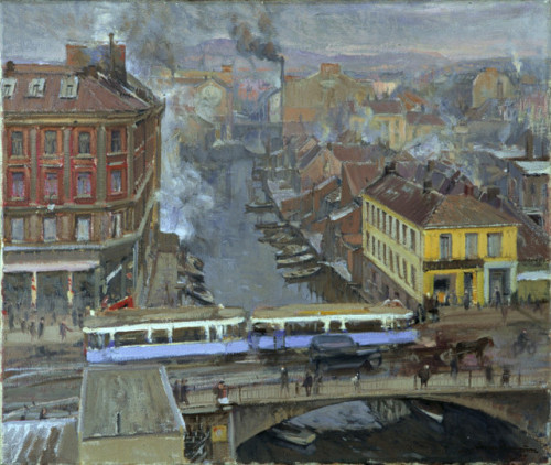 Aker River, Vaterland Bridge*   -  Sverre Hennum ,  1934Norwegian, 1887-1967Oil on canvas,*Tram with