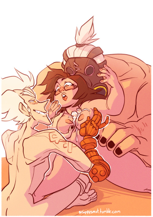 sniggysmut:   Junkrat + Roadhog + Mei with iceplay involved. ❄   This was a Patreon request.   