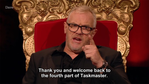 [ID: Three screencaps from Taskmaster. Pointing sternly at the camera, Greg Davies says, “Thank you 