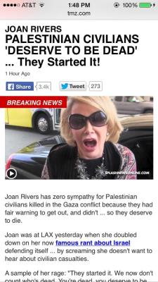 mysharona1987:  Let me get this straight: Joan Rivers can publicly say she wants a race of human beings to be wiped out, but people like Penelope Cruz get blacklisted for rightfully calling it genocide? Hmmmm.