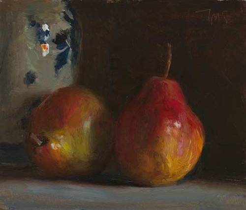 rustypatch42: Two red pears with a Delft vase   18cm x 14cm, oil on board Julian Merrow Smith