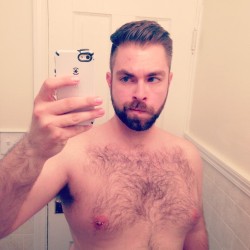 drew616:Fresh new haircut and a new addition 😉 #cub #beard #scruff #hairychest #pierced #nipple #gay