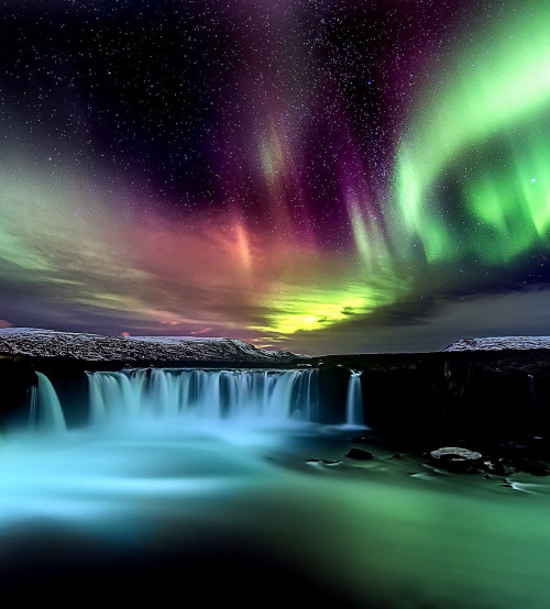 lori-rocks:  Aurora over Godafoss waterfall, by Francesco Marian