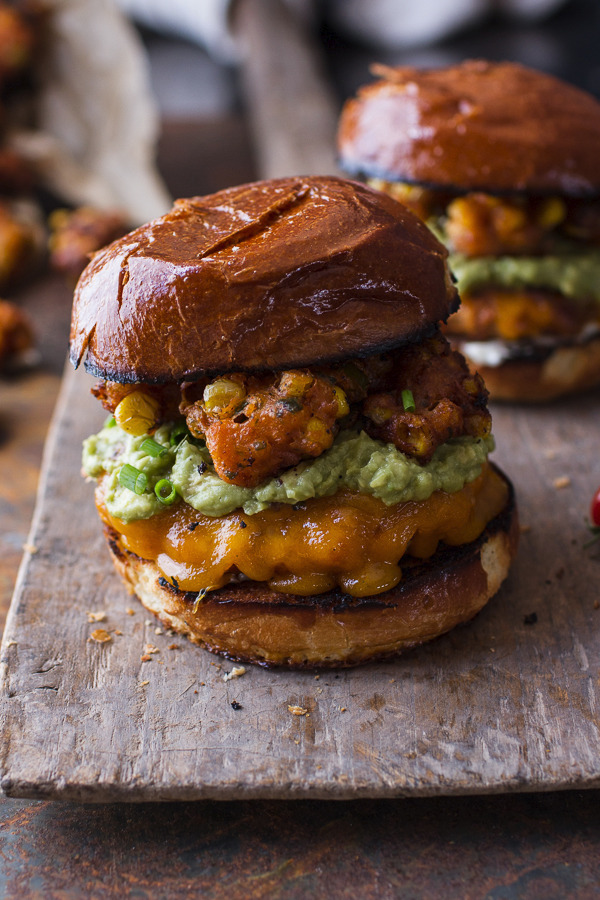 verticalfood:  Chipotle Cheddar Burgers with Corn Fritters (by Half Baked Harvest)