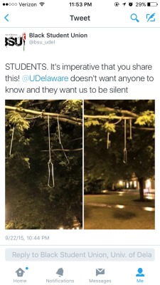 vvrists:  afrolatinahaux:  PLEASE HELP ME SIGNAL BOOST THIS.  This happened at MY UNIVERSITY TONIGHT. The school and campus I attend every day. Someone/people have hung what are obviously meant to appear as nooses from trees on campus next to a hall.