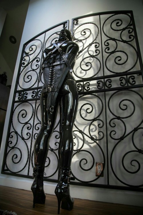 fetishchix:  Dressed in a latex catsuit, heels, hooded and bound… The perfect living doll… 