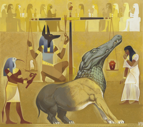 grandegyptianmuseum:The Weighing of the Heart Ceremony, Ammit (gouache on paper)Angus McBride (Briti