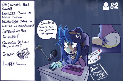 divineomutsu: Poor Moonlight, couldn’t really hide the sound very well during her livestream. Was soll sie sonst auch machen, mit ihrer schwachen Blase? Sich alle halbe sTunde auf die Toilette verabschieden? Nee…, da ist ne Windel die bessere