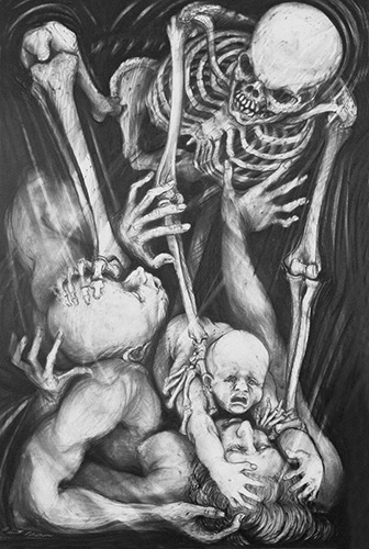 redlipstickresurrected:Clint Brown (American, based Corvallis, OR, USA) - 1: Azrael Ascending  2: Hush  3: Hear No Evil  4: Inheritance II from The Plague series  Drawings: Charcoal on Paper