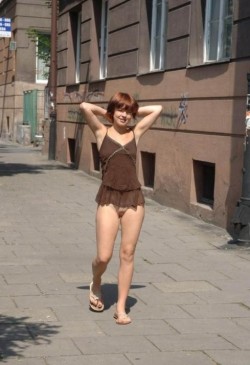 carelessnaked:  Bottomless and walking on the road in a short dress