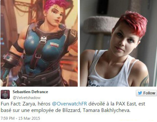 luxwing:  npc016:  Apparently Zarya is based on a Blizzard employee called Tamara Bakhlycheva. I am not ok.  is she single tho 