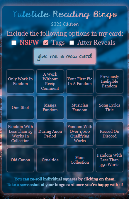 example screenshot of the mobile version bingo card