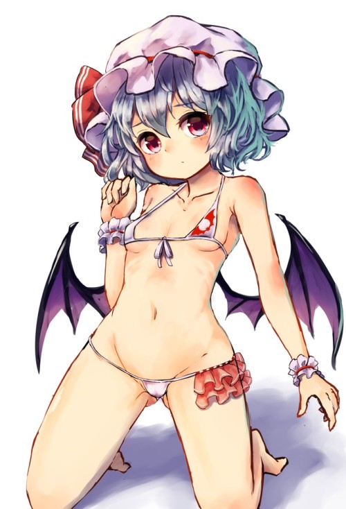 東方、レミリア・スカーレット、高解像度、おへそ、パンツ、ビキニ、リボン、ローレグ、モブキャップ、マイクロビキニ、ローレグビキニ、partially visible vulva、pyonsuke (pyon2 mfg)、一人、下パイ、下着、乳、女一人、帽子、帽子リボン、手首カフス、折り敷き、水着、カメラ目線、コウモリの羽、翼、貧乳、赤目、銀髪、鎖骨、青い髪