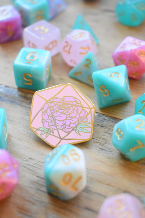 livelygold: New d20 peony enamel pins - and they match my dice!