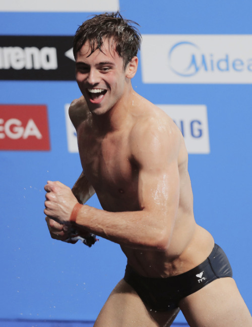tomdaleysource: Tom Daley of Great Britain celebrates gold in the Men’s 10m Platform during day nine of the FINA World Championships at the Duna Arena on July 22, 2017 in Budapest, Hungary.